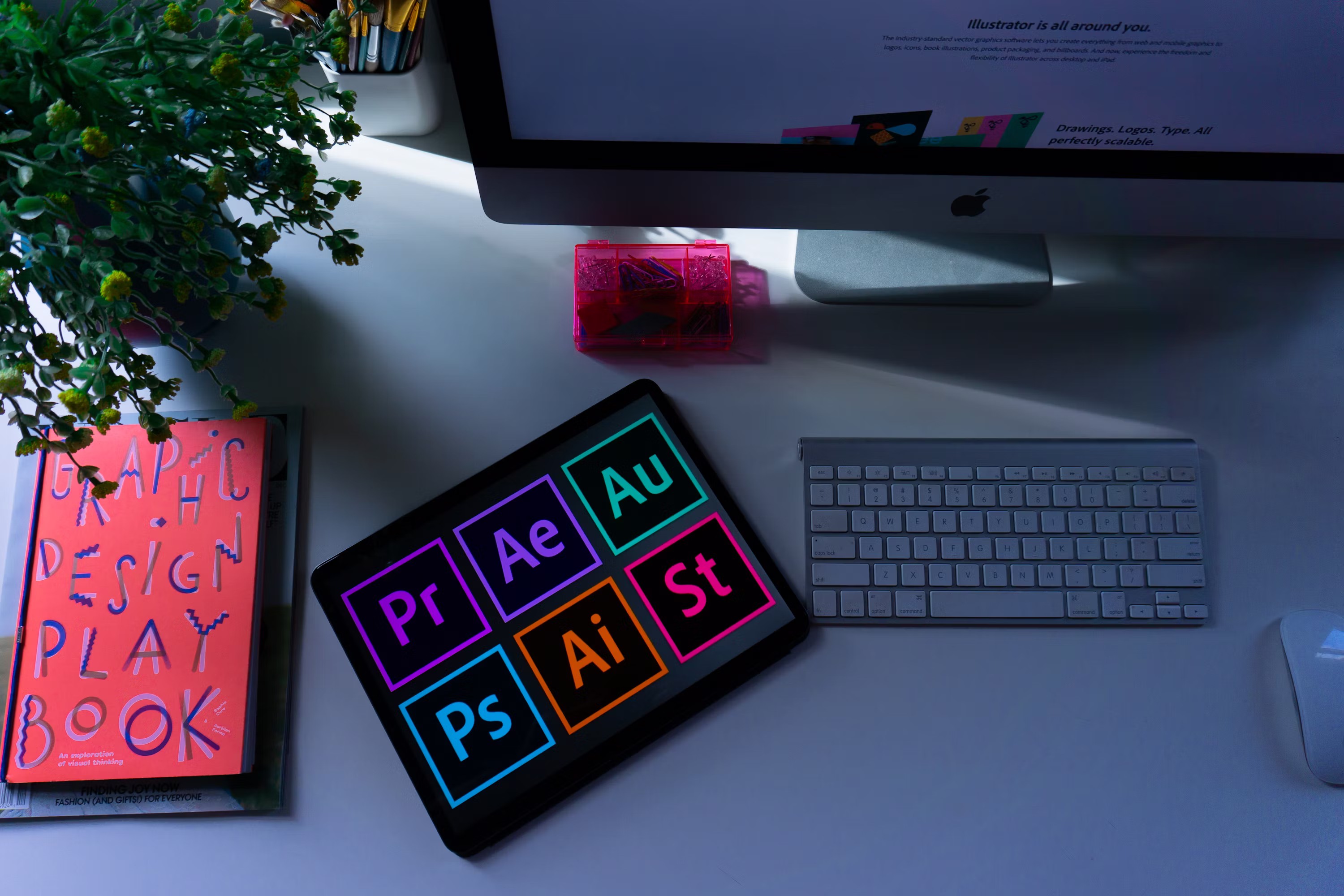 Colorful graphic design materials and creative workspace