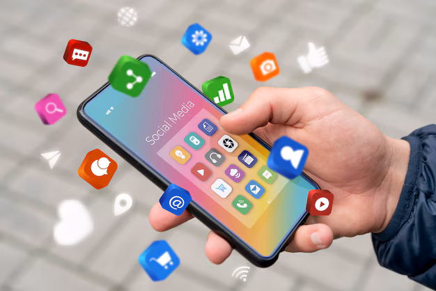 Mobile phone displaying colorful app interface